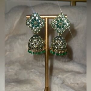 Pakistani Indian Elegant Green and Gold Jhumka Earrings